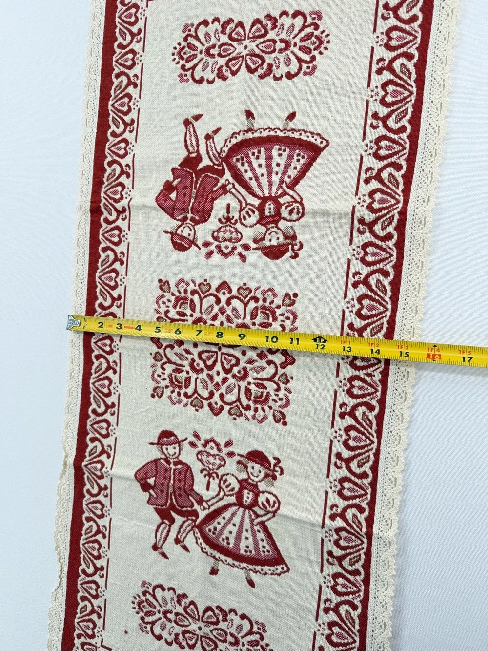 Vintage European Folk Art Table Runner Red Cream Lace Trim Cottage Decor